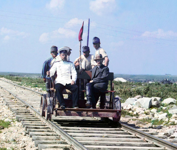 S. M. Prokudin-Gorsky at handcar near Petrozavodsk, 1916